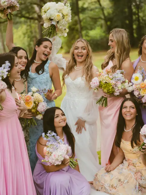 Bride and her bridesmaids laughing together, each holding a pastel bouquet of ranunculus, stock and garden roses